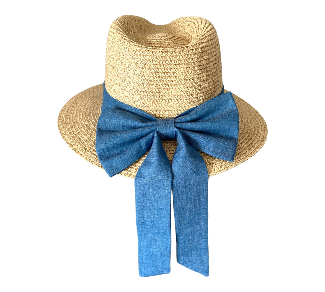 natural stone paper/straw summer fedora hat with denim bow/panama