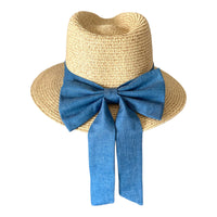 natural stone paper/straw summer fedora hat with denim bow/panama
