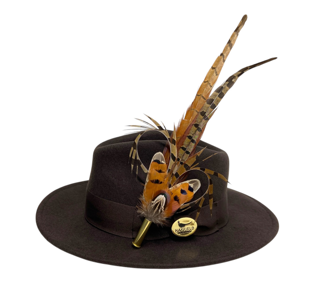 brown wool fedora hat with feather hat pin