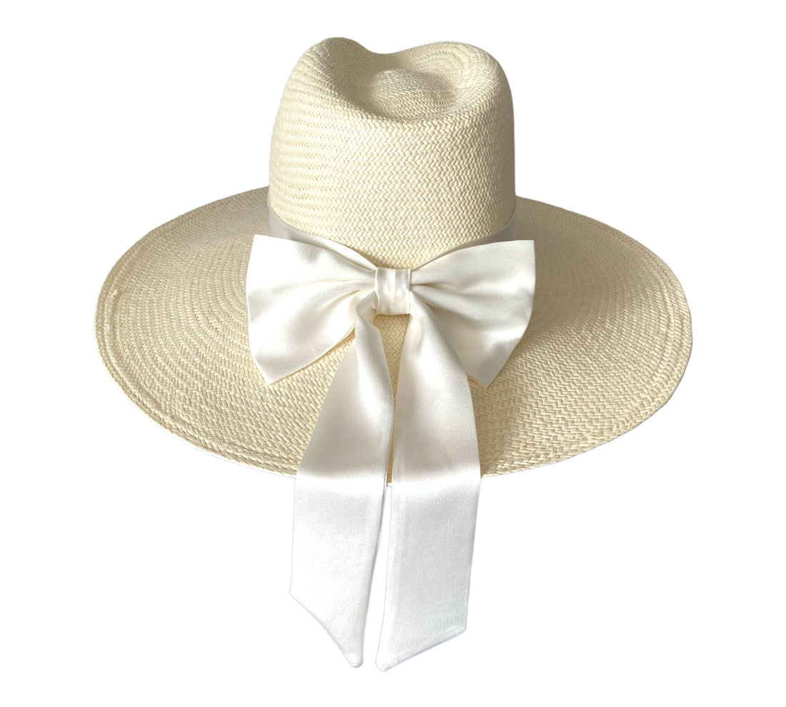 handmade in the uk, silk bow wide brim summer fedora hat/cuenca straw panama hat