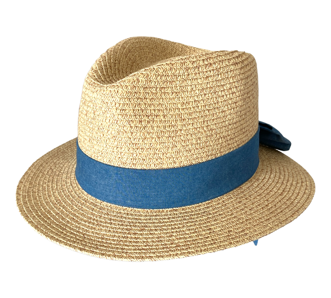 natural stone paper/straw summer fedora hat with denim bow