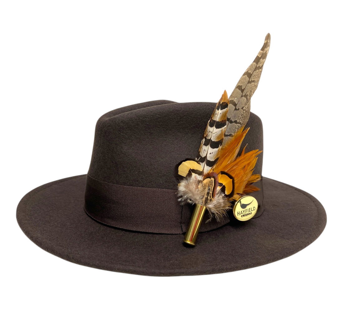brown wool fedora hat with feather hat pin