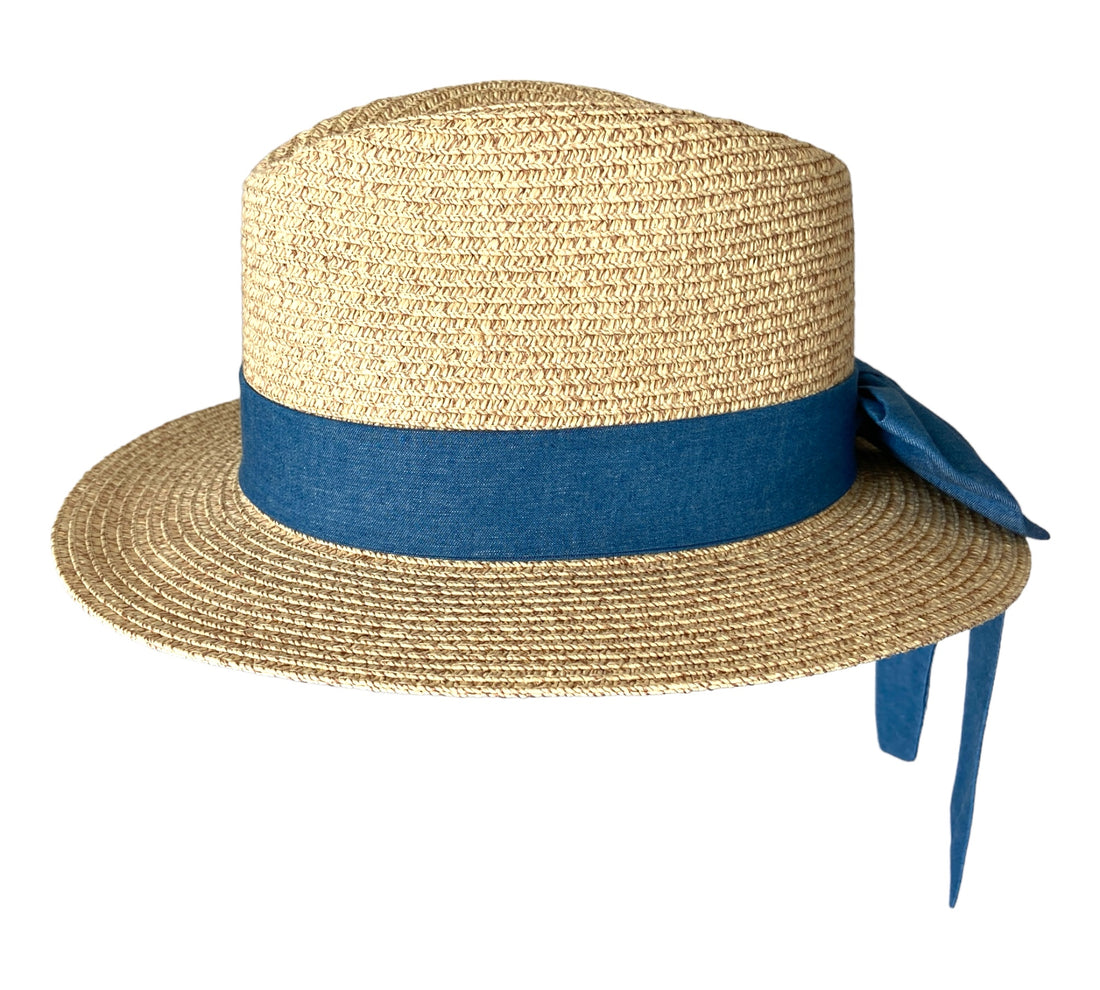 natural stone paper/straw summer fedora hat with denim bow/panama