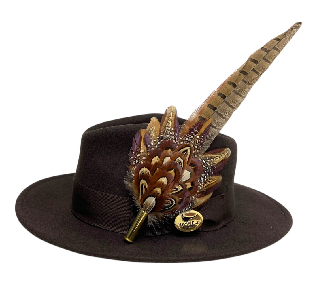 brown wool fedora hat with feather hat pin