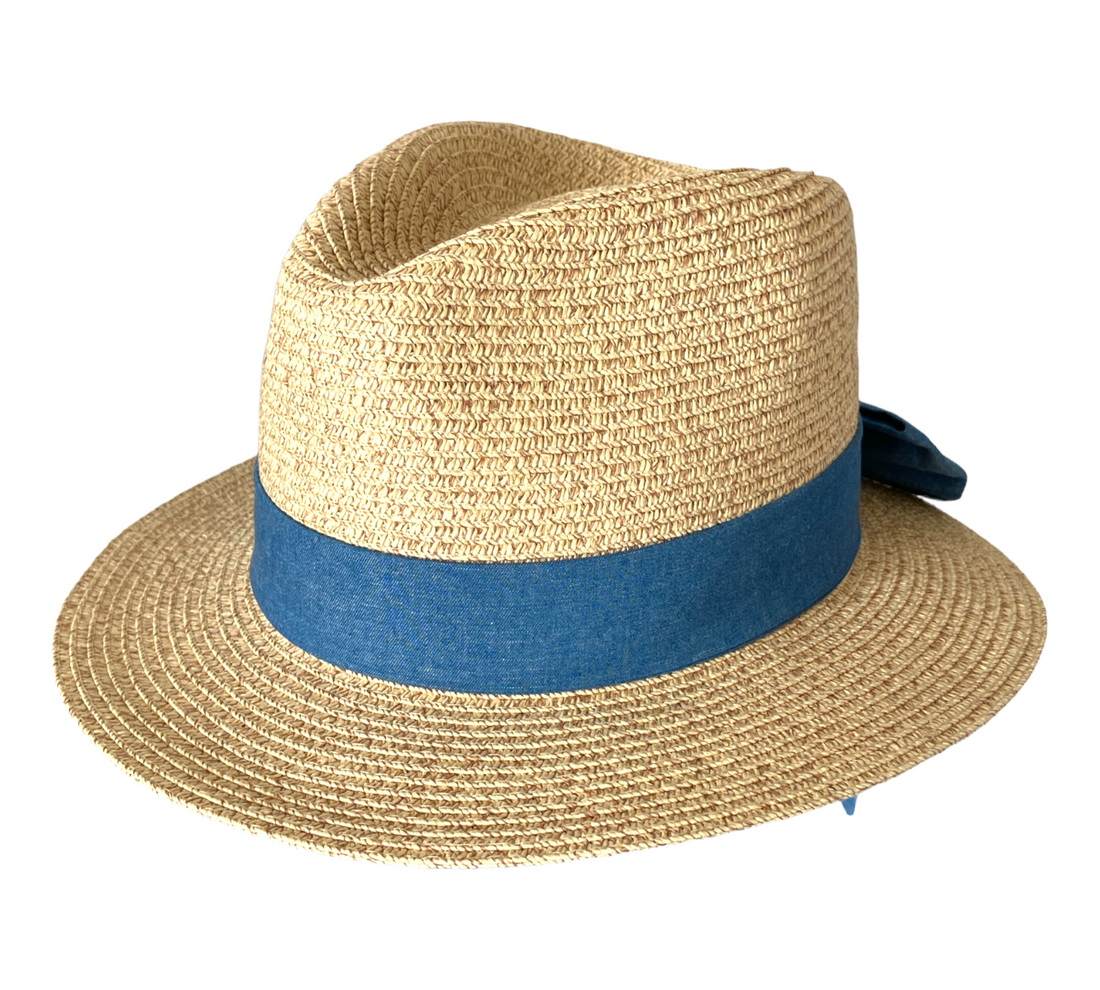 denim bow summer straw fedora/panama hat/lightweight summer hat