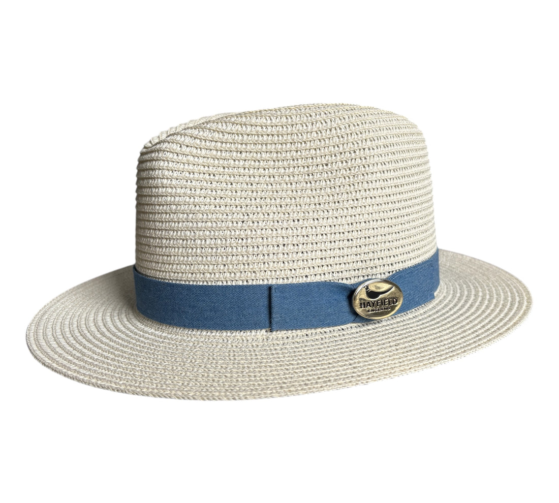cream summer straw fedora hat with denim panama