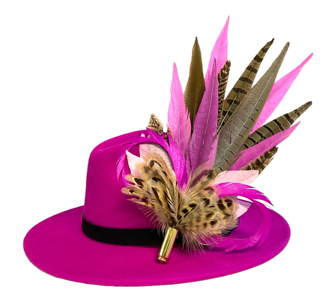 pink wool fedora with large feather hat in