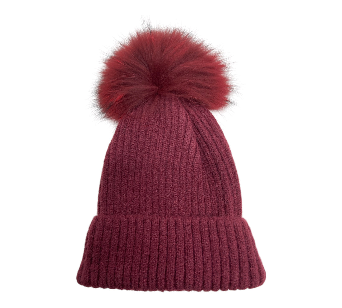 pom pom winter bobble hat burgundy