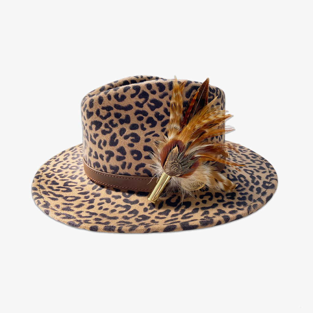 animal print wool fedora hat with feather hat pin/brooch