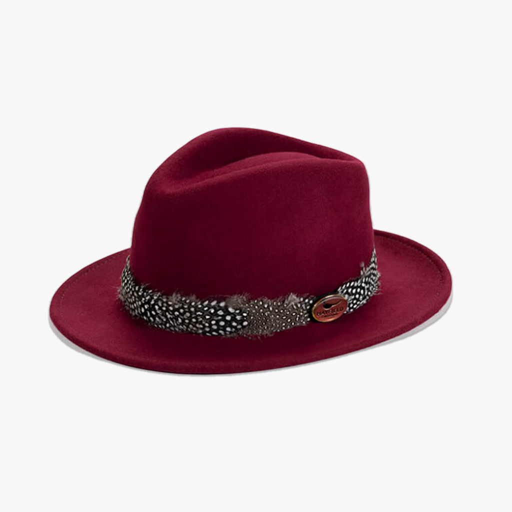 wine/burgundy guinea fowl feather wrap wool fedora hat