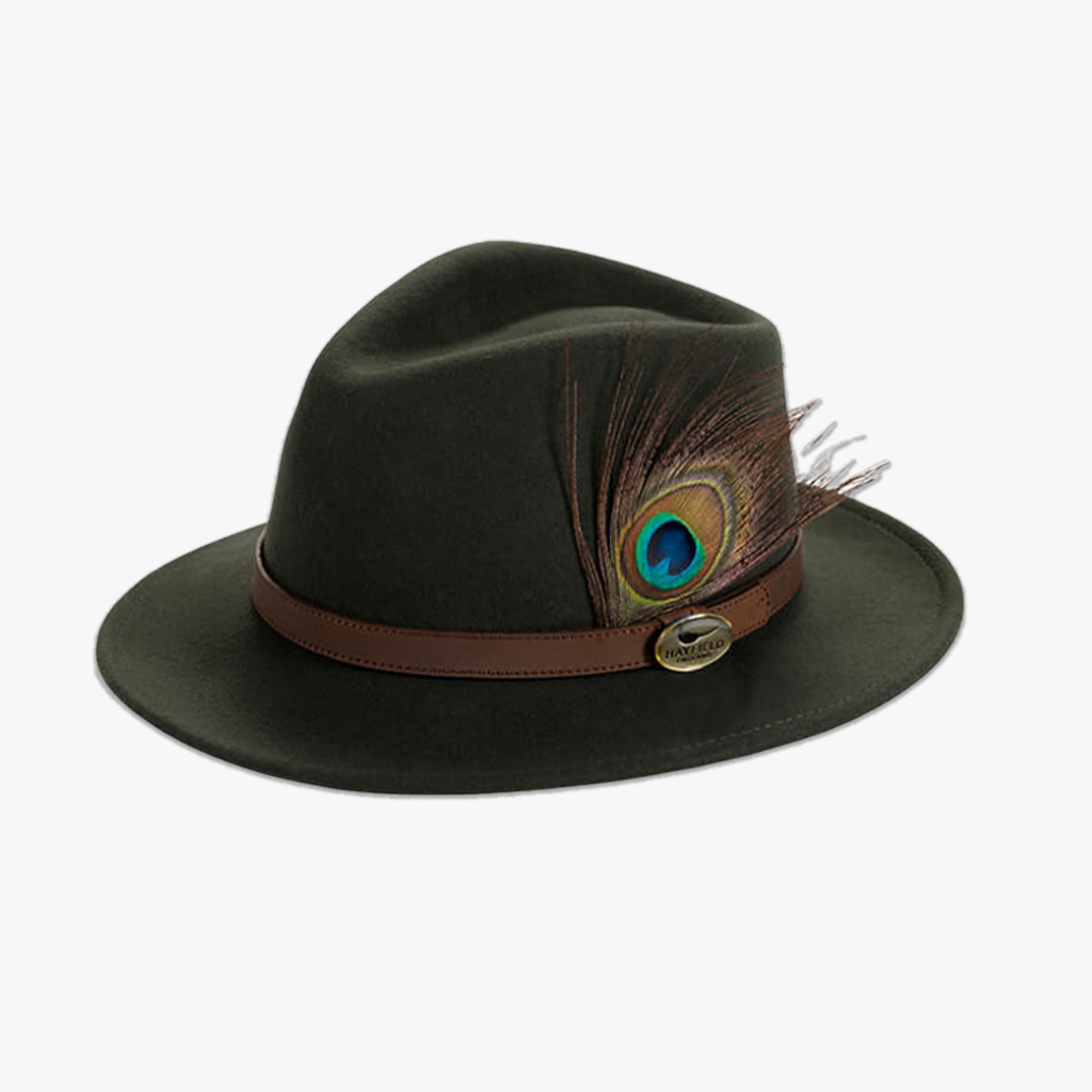 green wool fedora hat with peacock feathers
