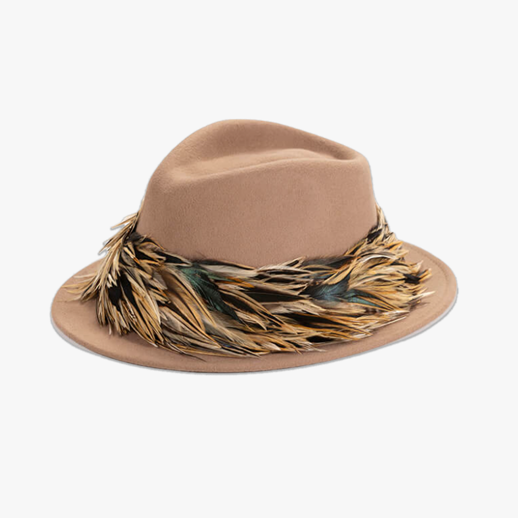 camel hackle feather wrap fedora hat
