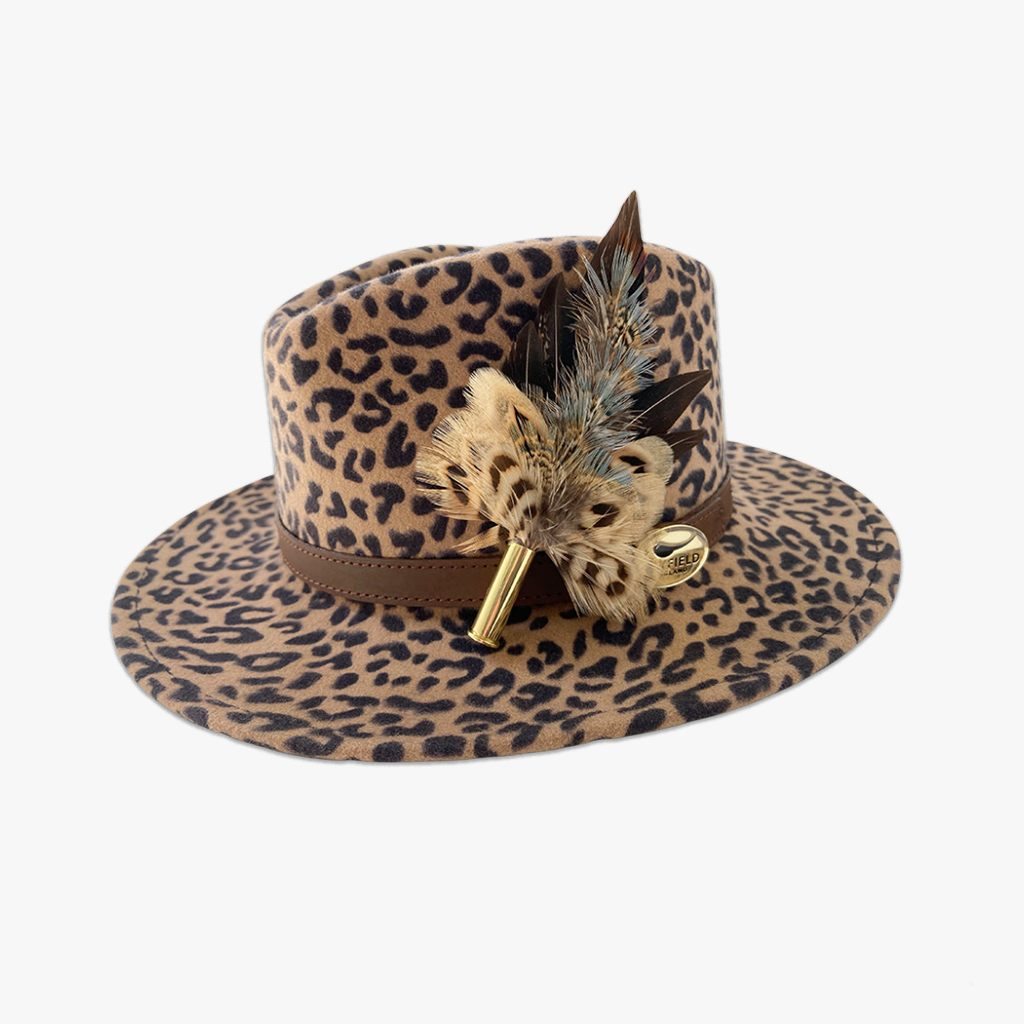 animal print wool fedora hat with feather hat pin/brooch
