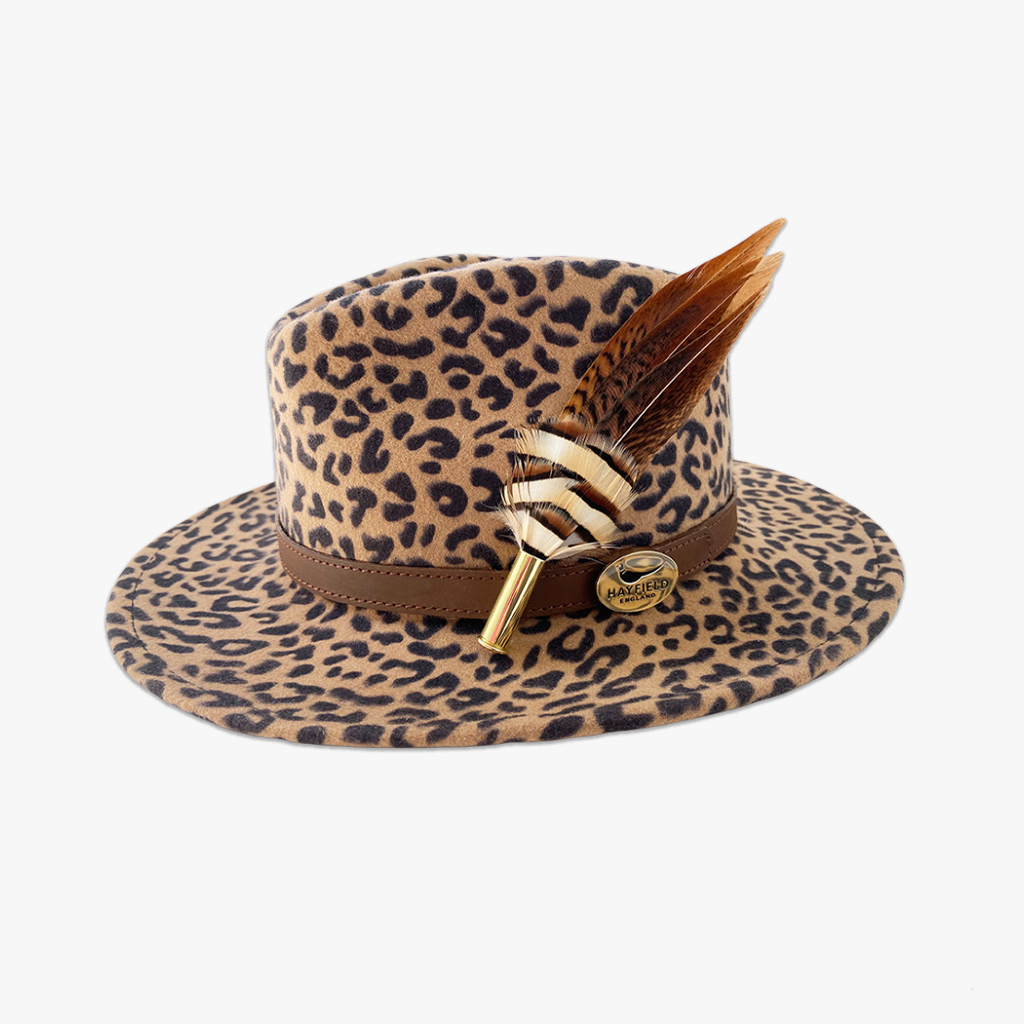 animal print wool fedora hat with feather hat pin/brooch