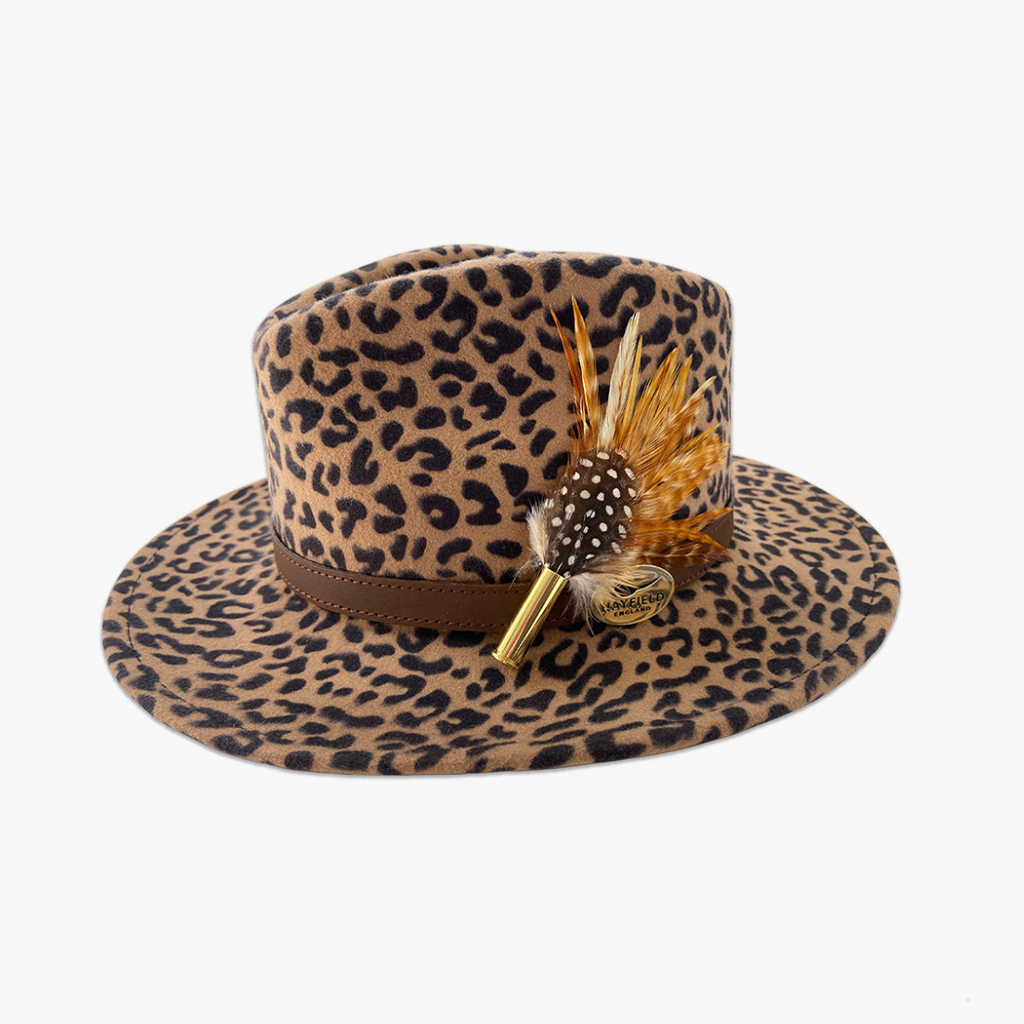 animal print wool fedora hat with feather hat pin/brooch