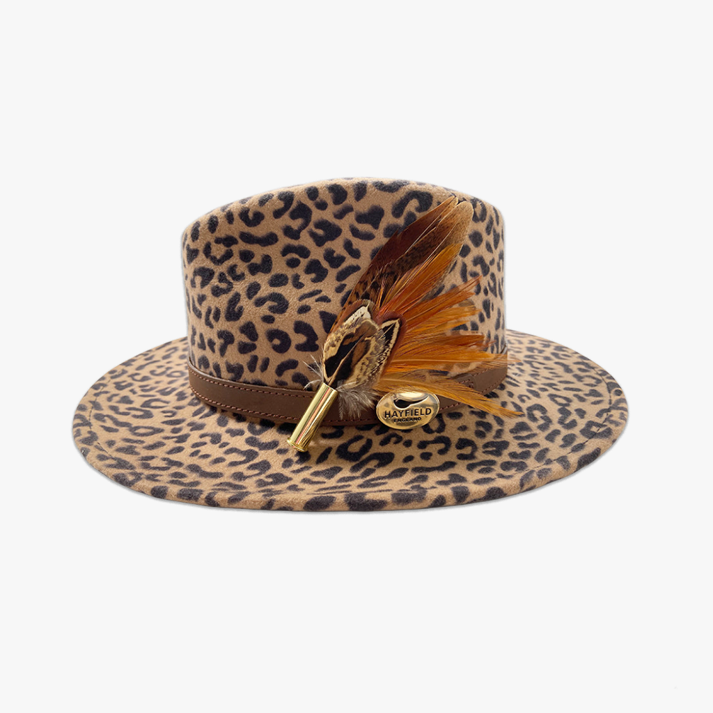 animal print wool fedora hat with feather hat pin/brooch