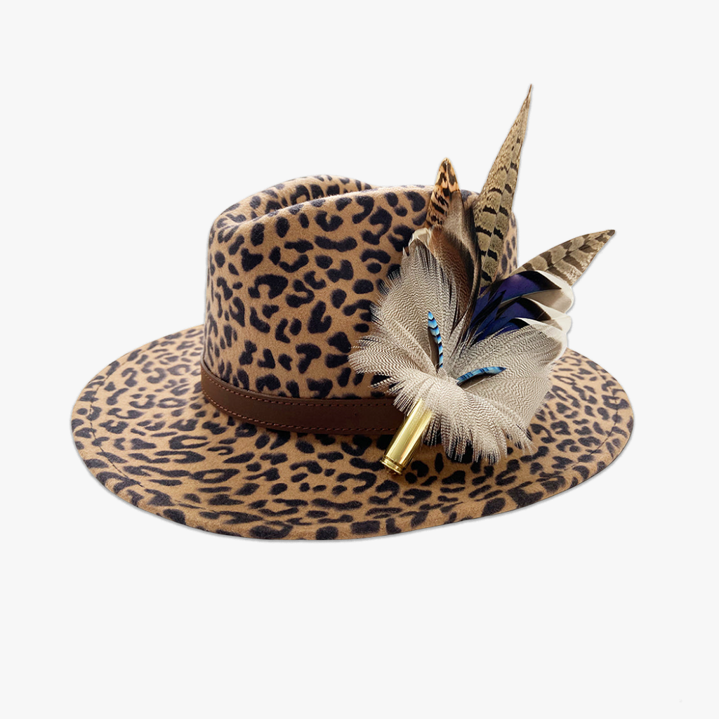 animal print wool fedora hat with feather hat pin/brooch