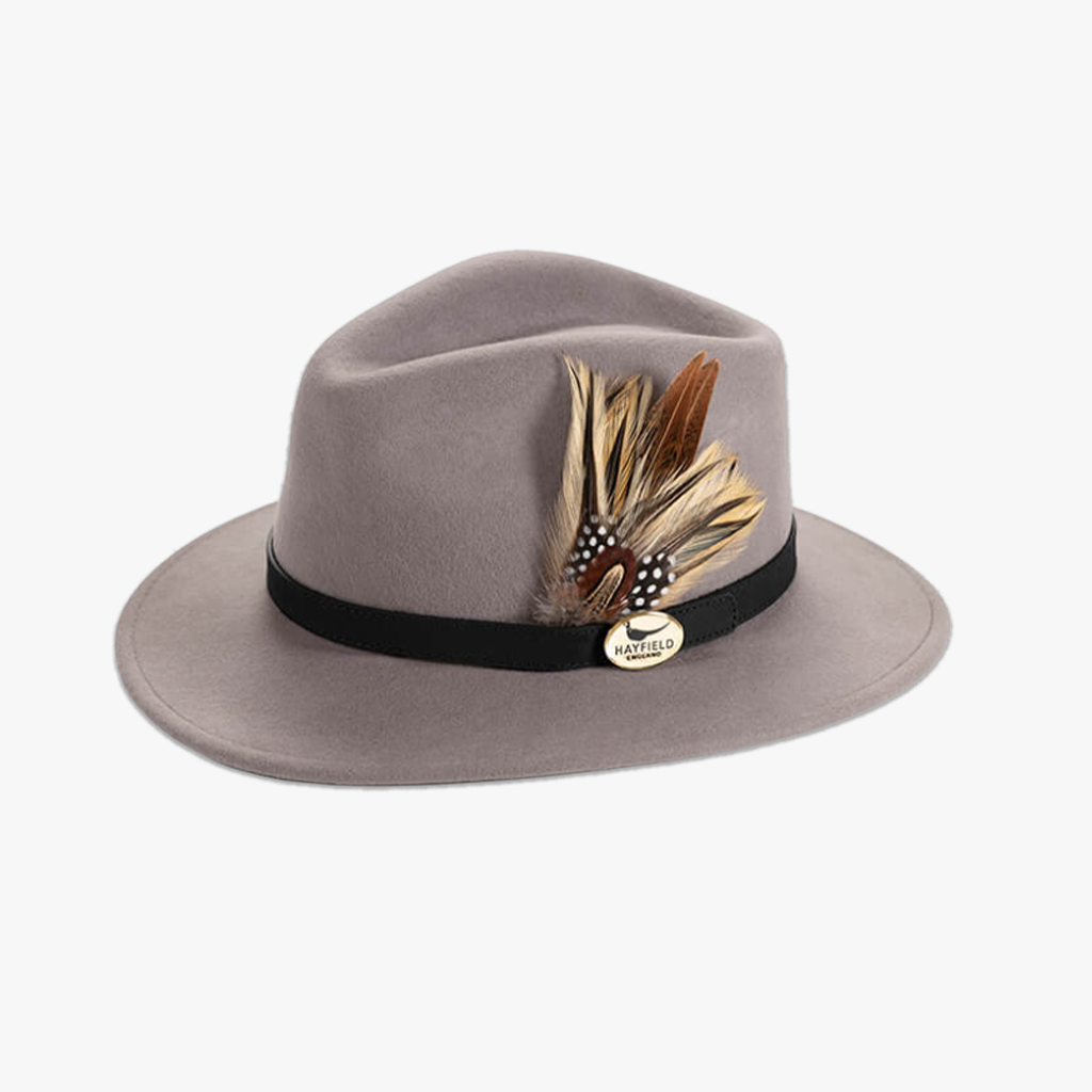 grey wool fedora and feathers