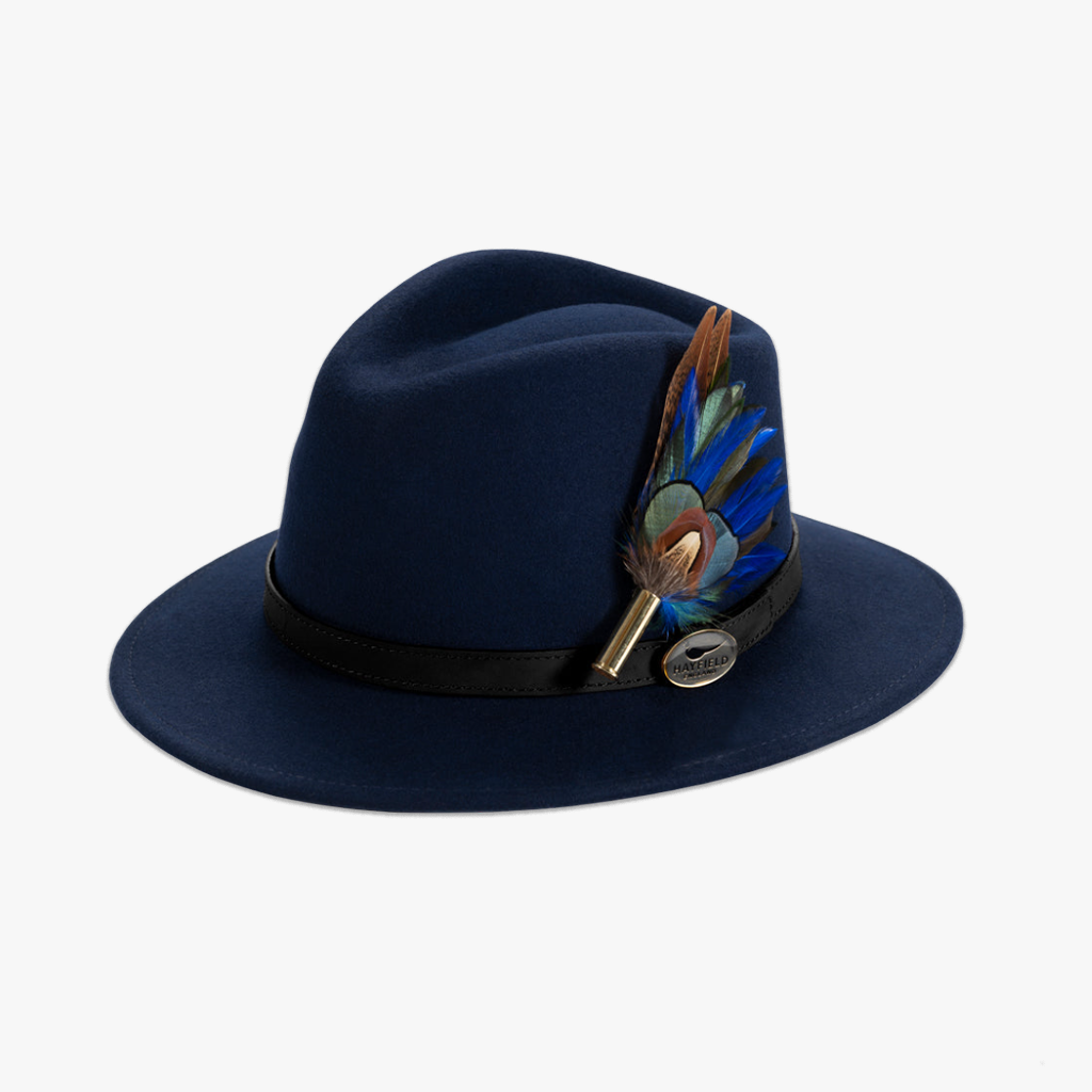 navy blue wool fedora hat with feather hat pin/brooch