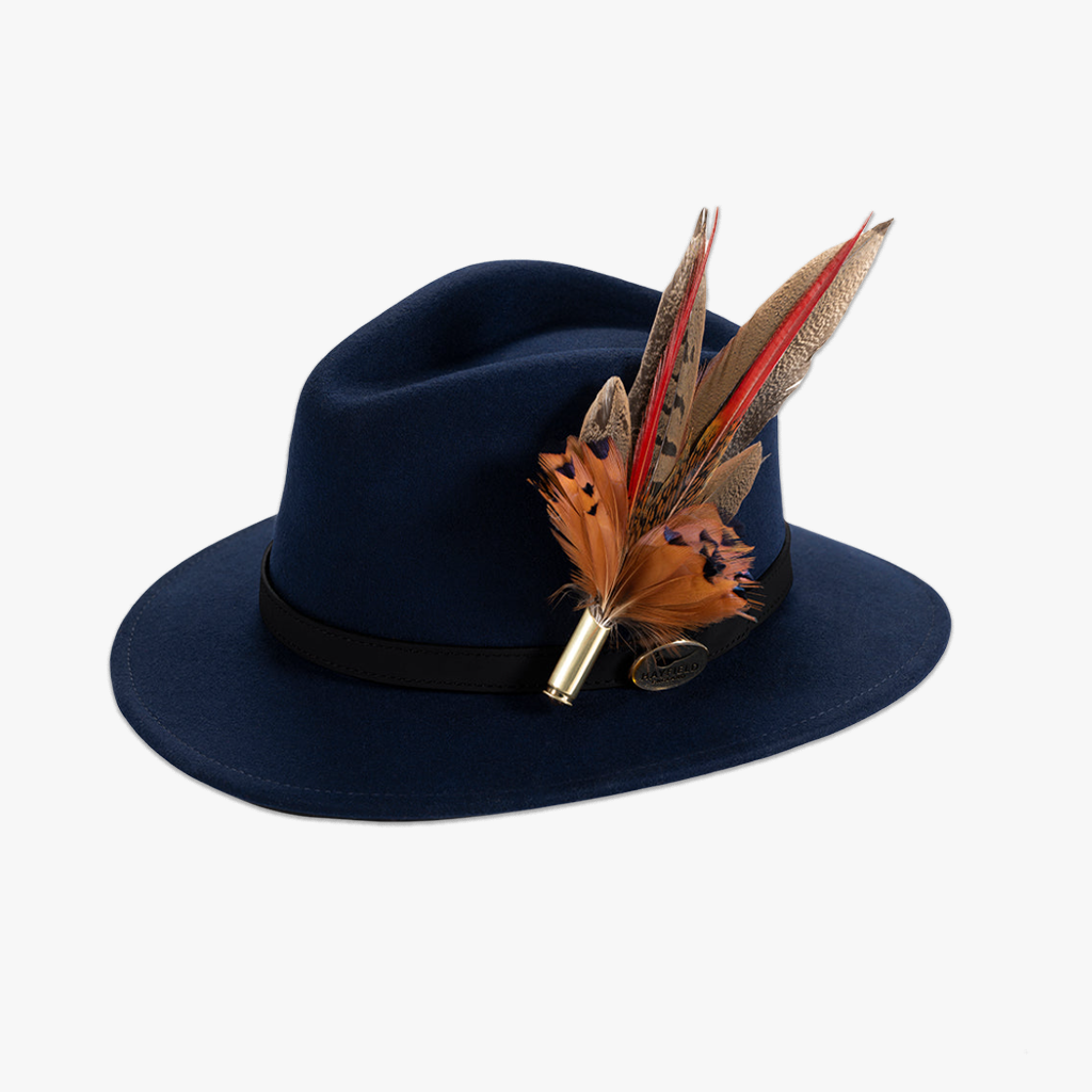 navy blue wool fedora hat with feather hat pin/brooch