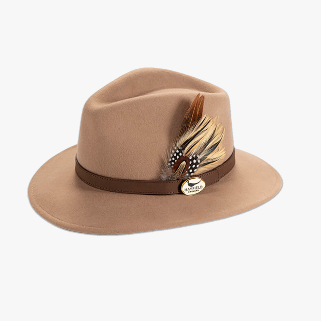 camel wool fedora and feathers
