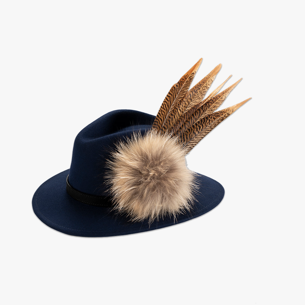 navy blue wool fedora hat with feather hat pin/brooch