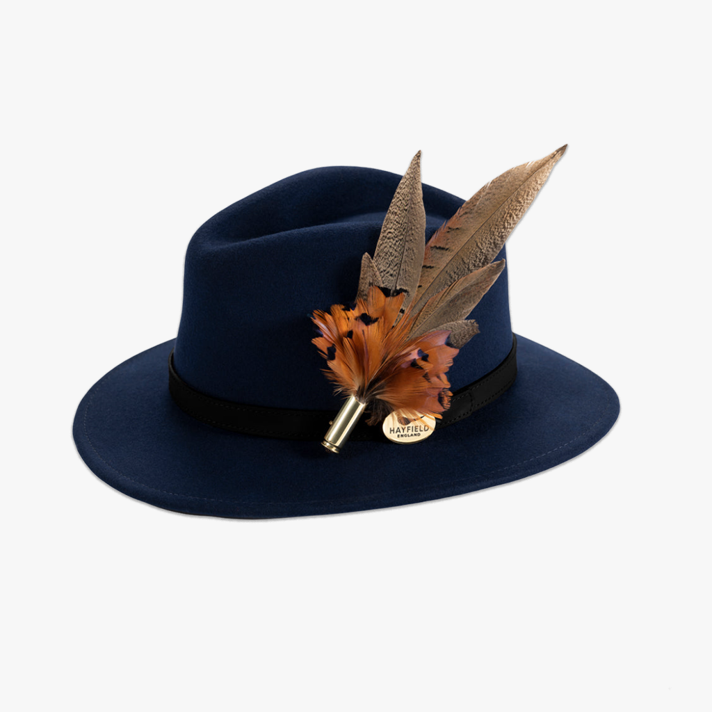 navy blue wool fedora hat with feather hat pin/brooch
