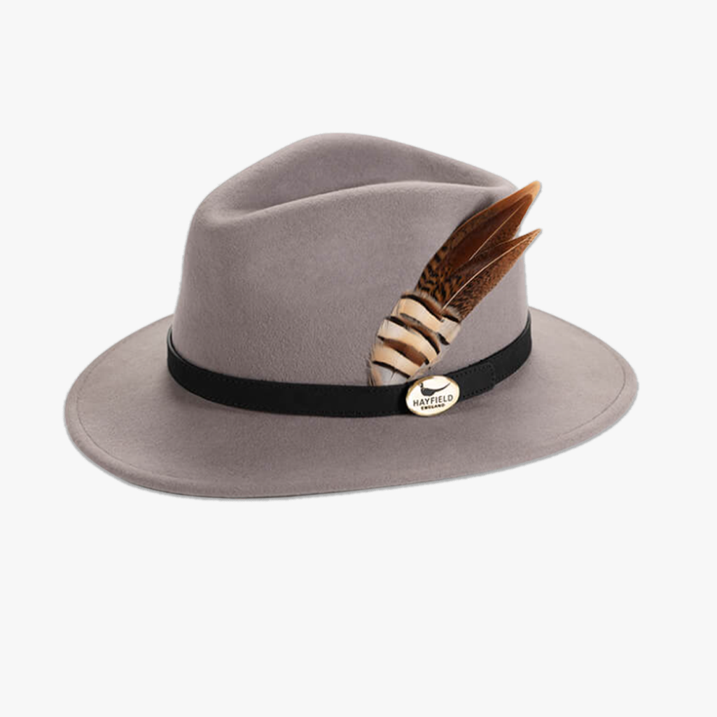 grey wool fedora hat with feathers