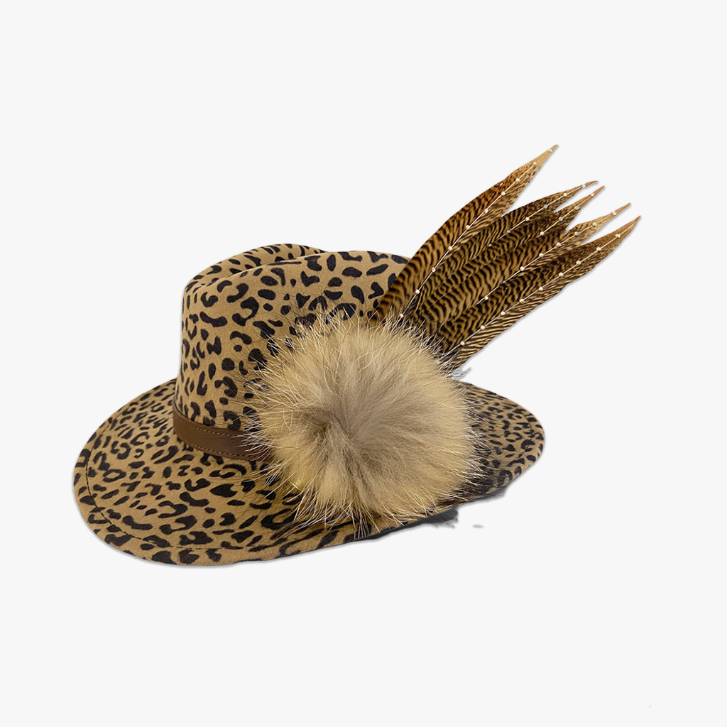 animal print wool fedora with swarovski crystals and pom pom  feathers