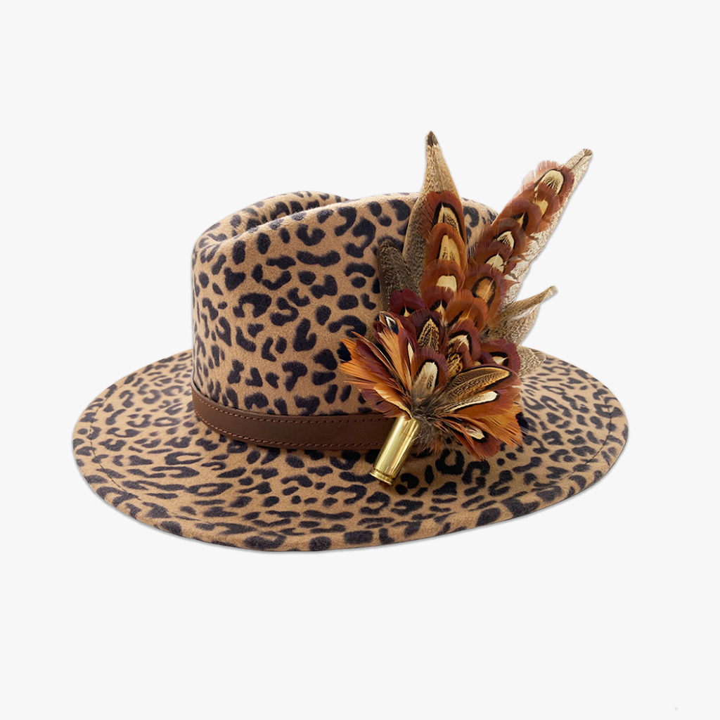 animal print wool fedora hat with feather hat pin/brooch