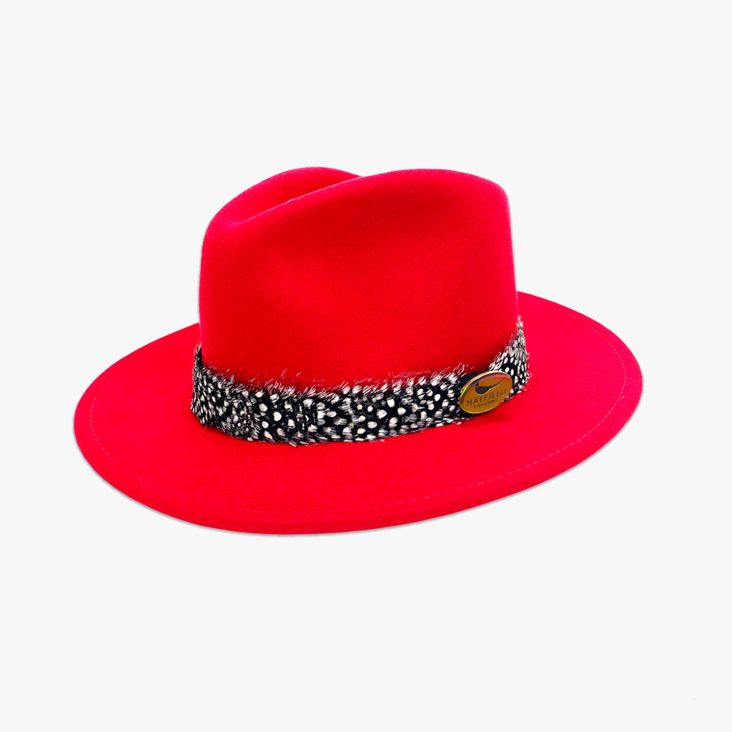 red guinea fowl feather wrap wool fedora hat