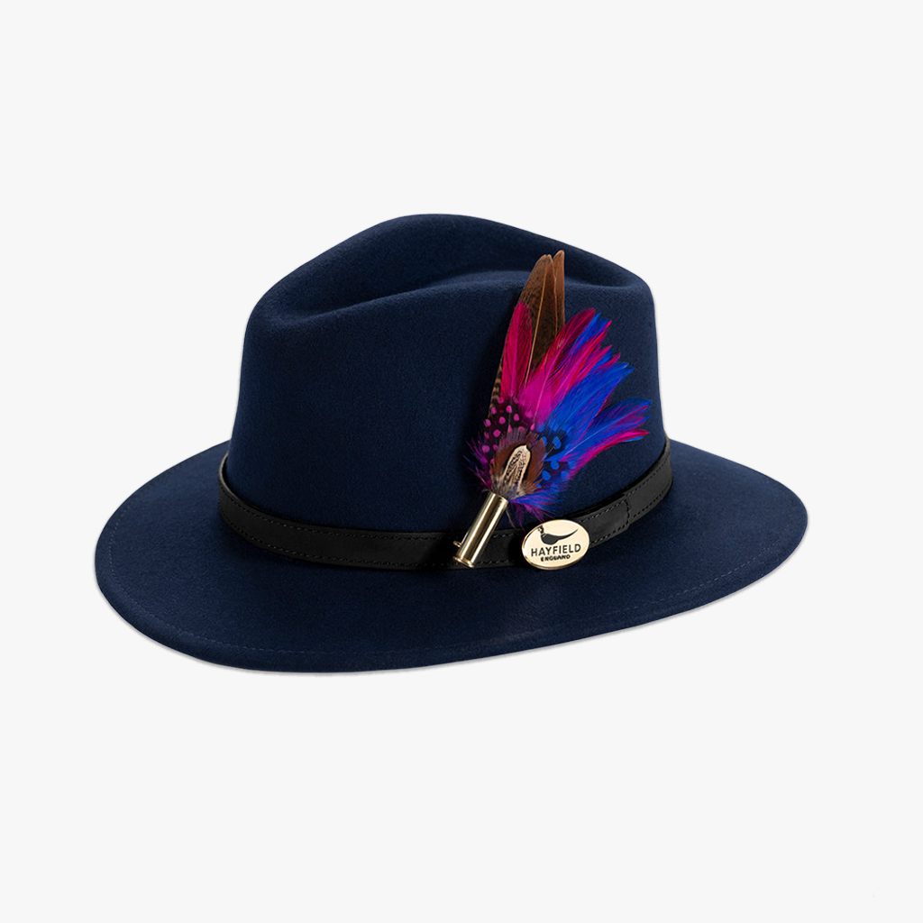navy blue wool fedora hat with feather hat pin/brooch