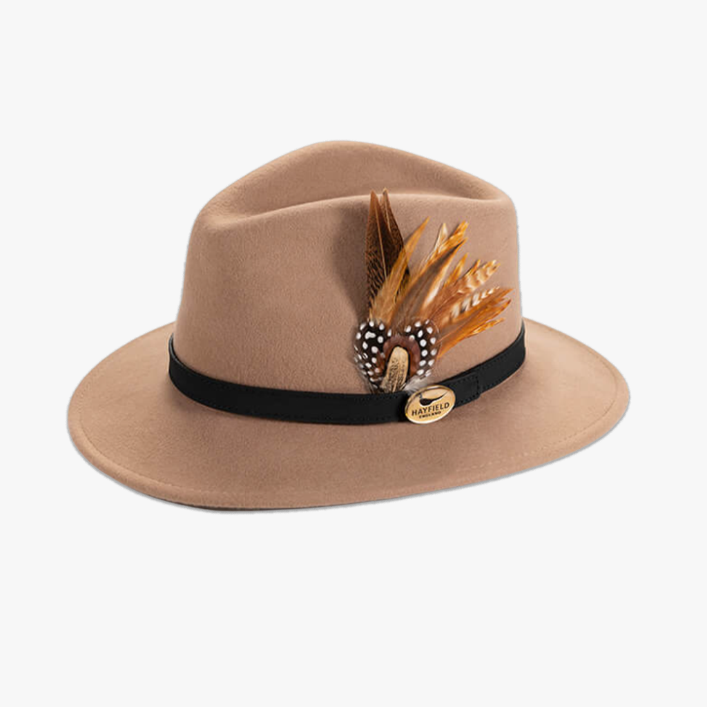 camel wool fedora and feathers