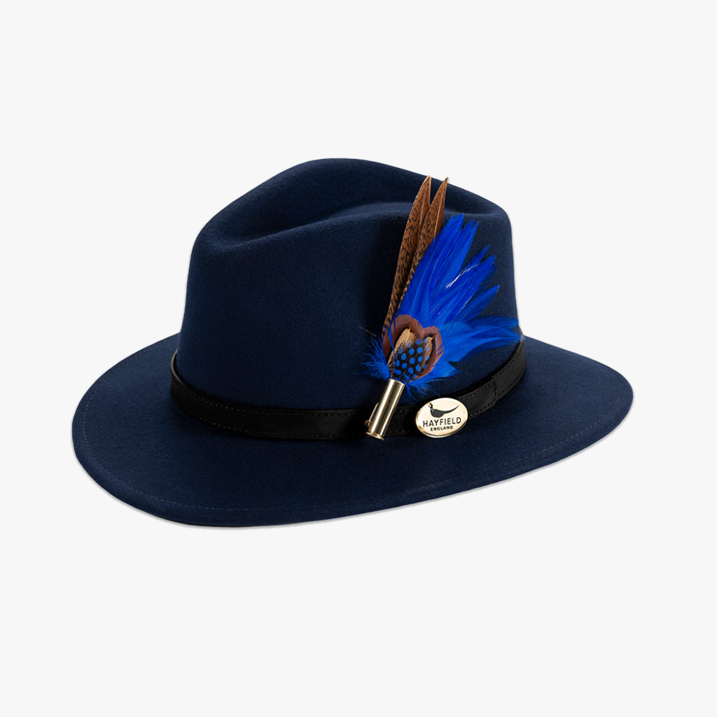 navy blue wool fedora hat with feather hat pin/brooch