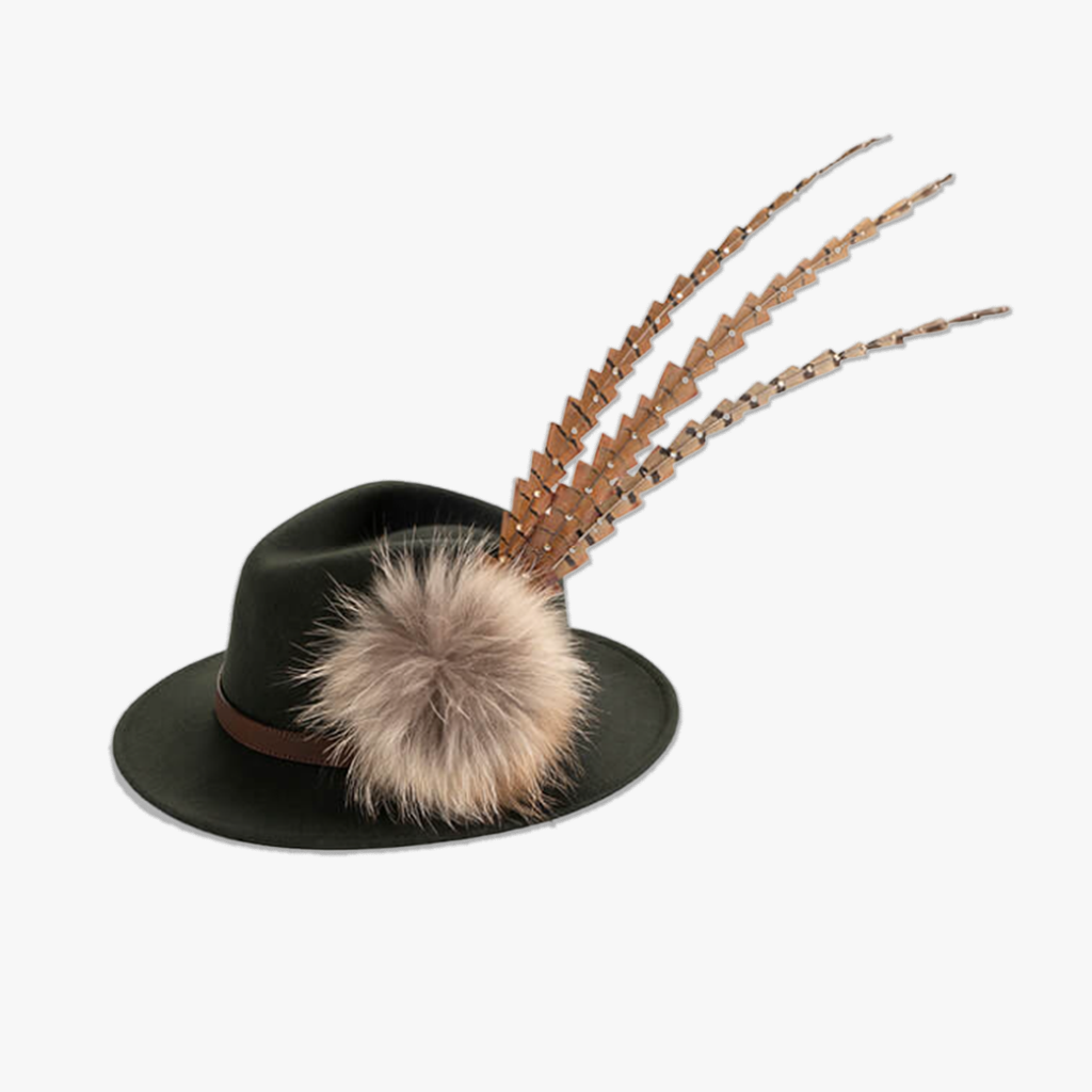 green wool fedora with swarovski crystals and feathers