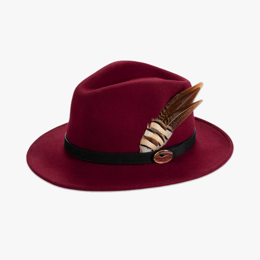 wine/burgundy wool fedora hat with feathers