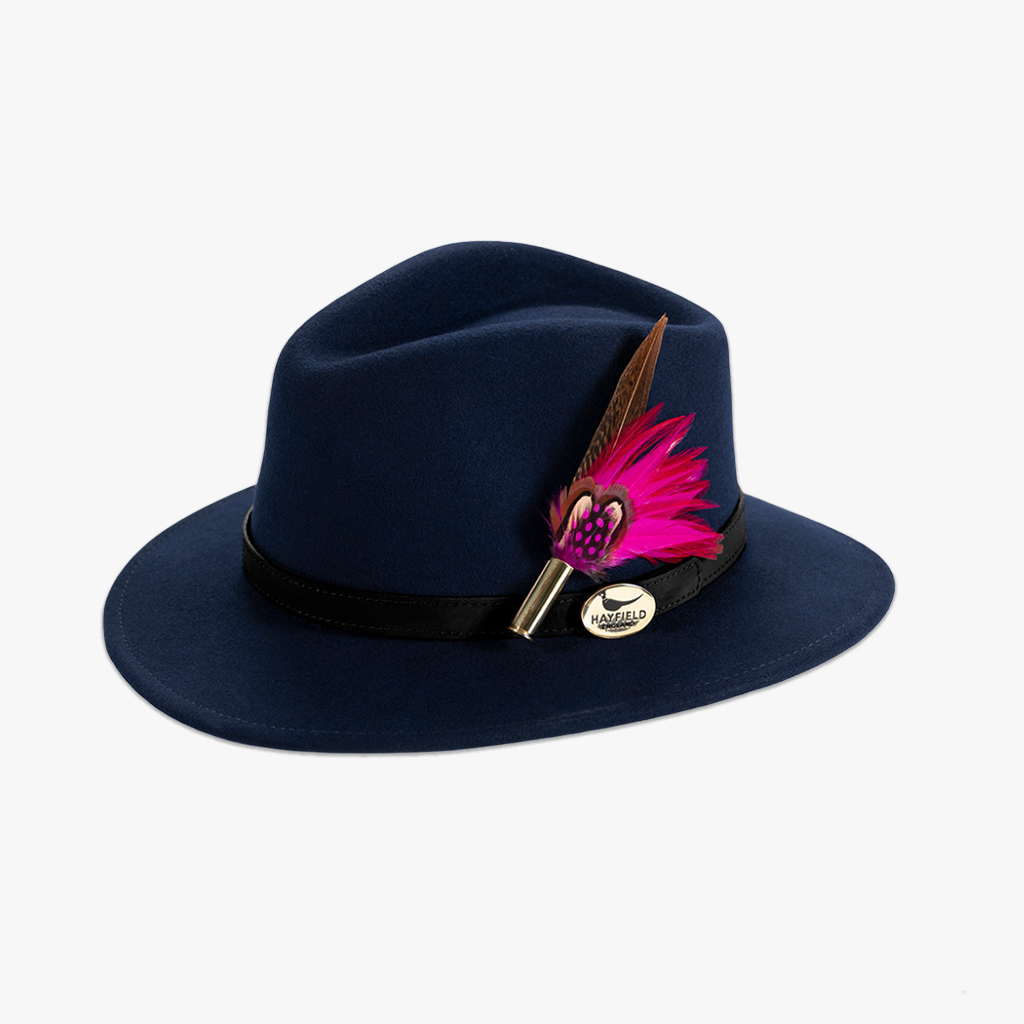 navy blue wool fedora hat with feather hat pin/brooch