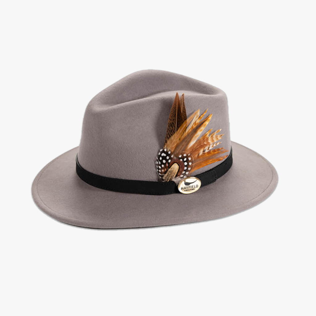 grey wool fedora and feathers