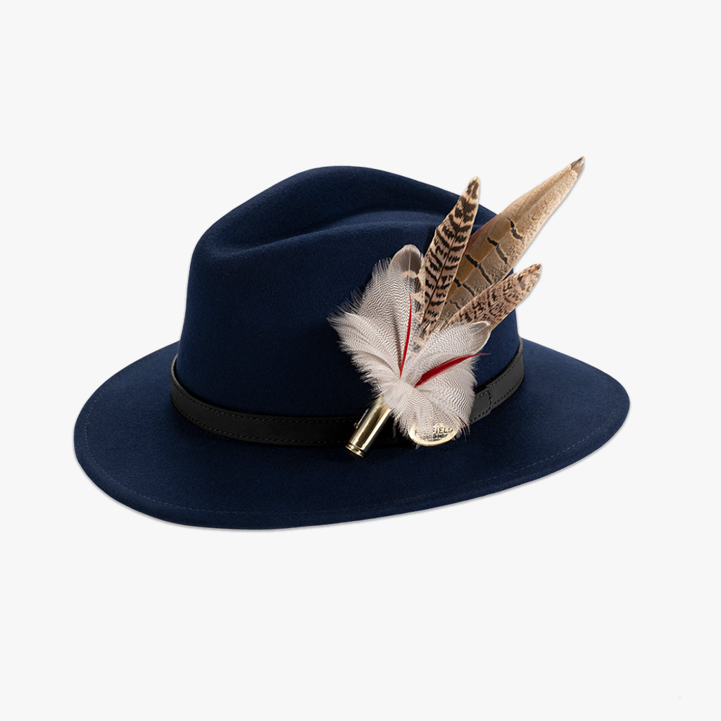 navy blue wool fedora hat with feather hat pin/brooch