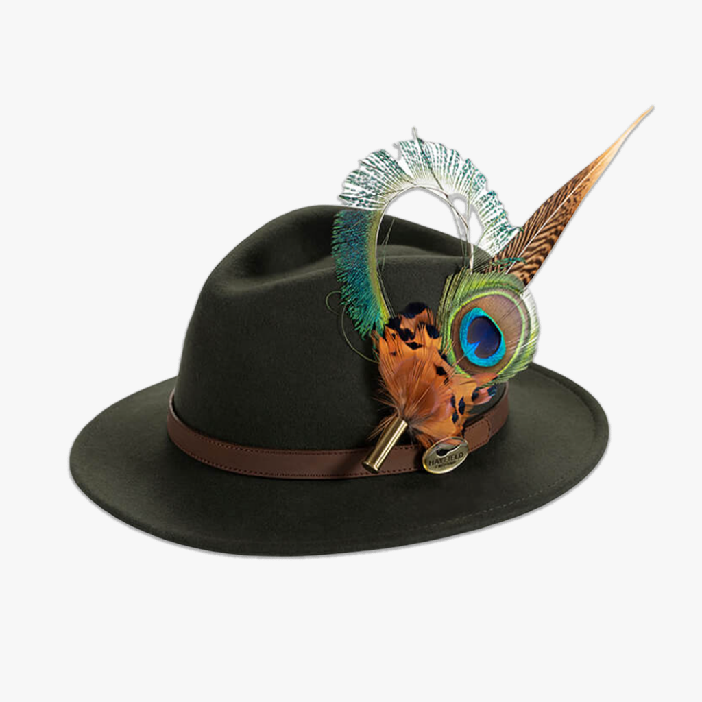 green wool fedora hat with feather pin/brooch