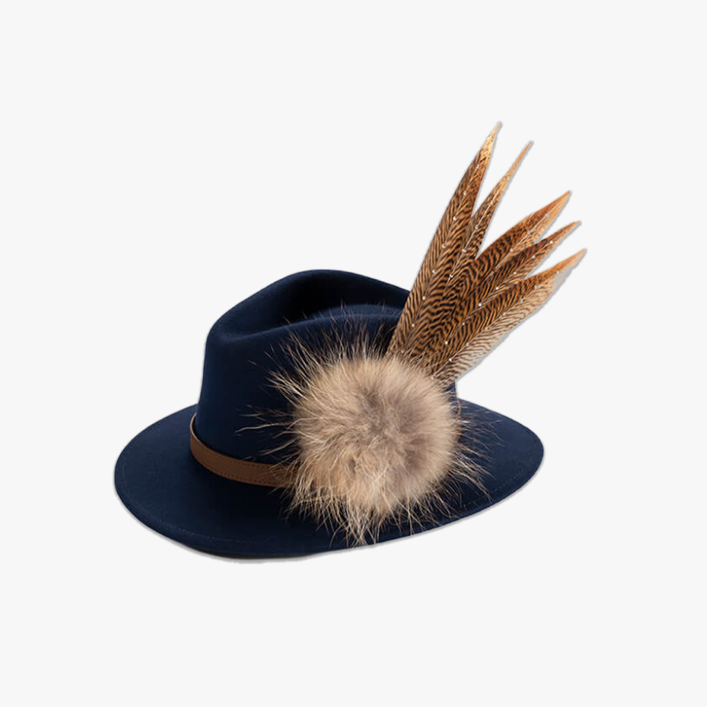 navy blue wool fedora hat with feather hat pin