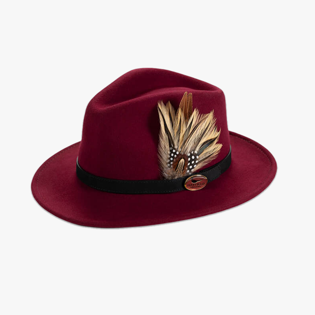wine/burgundy wool fedora and feathers