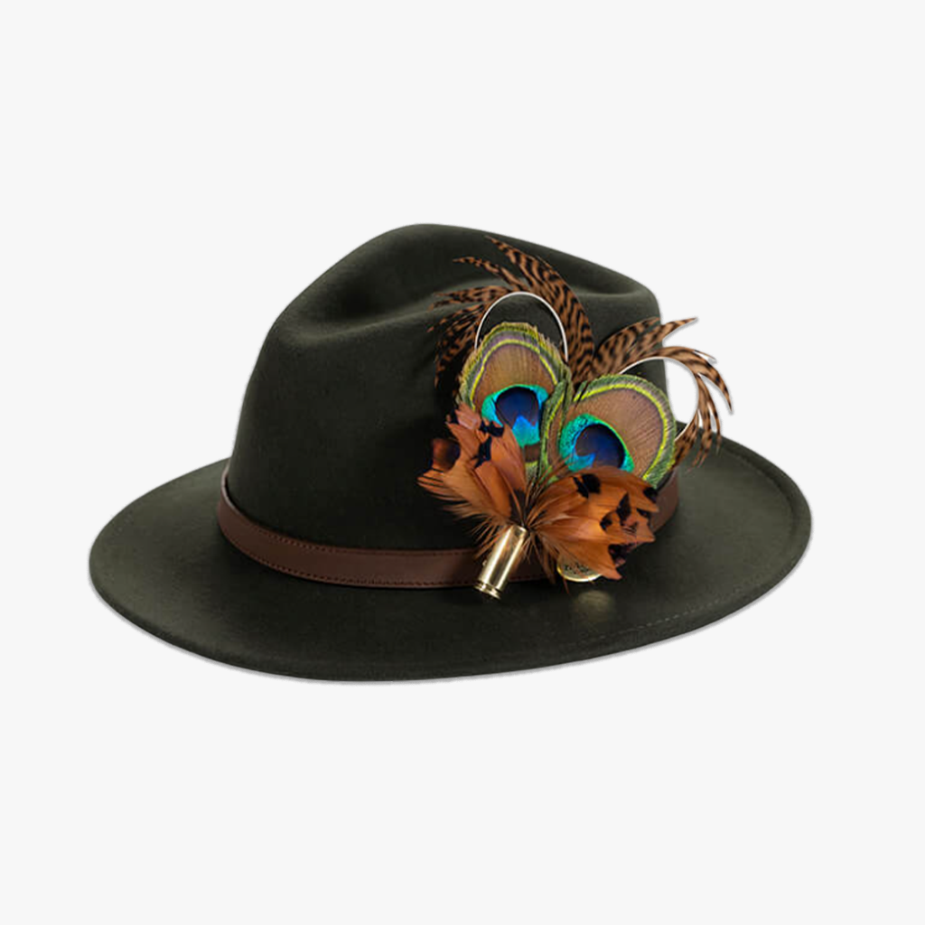green wool fedora hat with feather pin/brooch