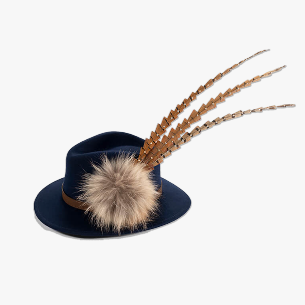navy blue wool fedora hat with feather hat pin