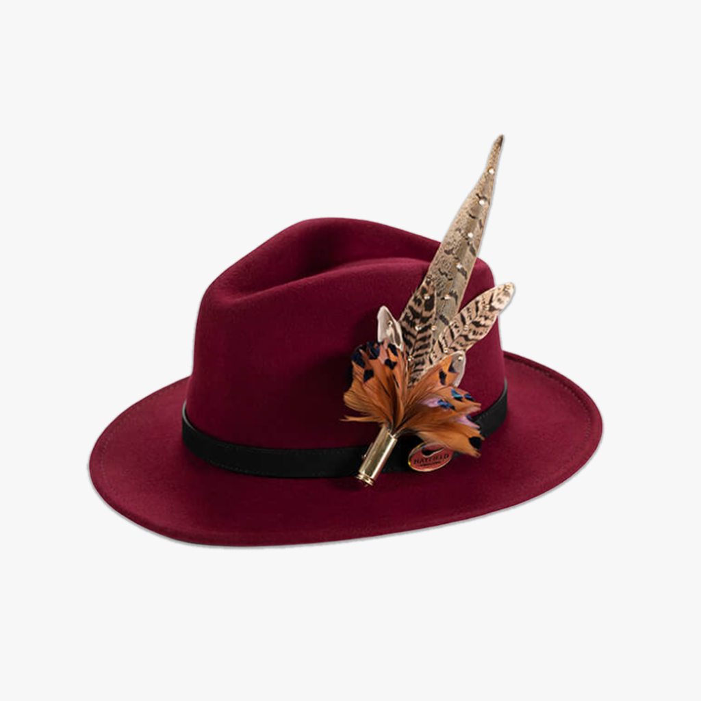 wine/burgundy wool fedora with swarovski crystals and feathers