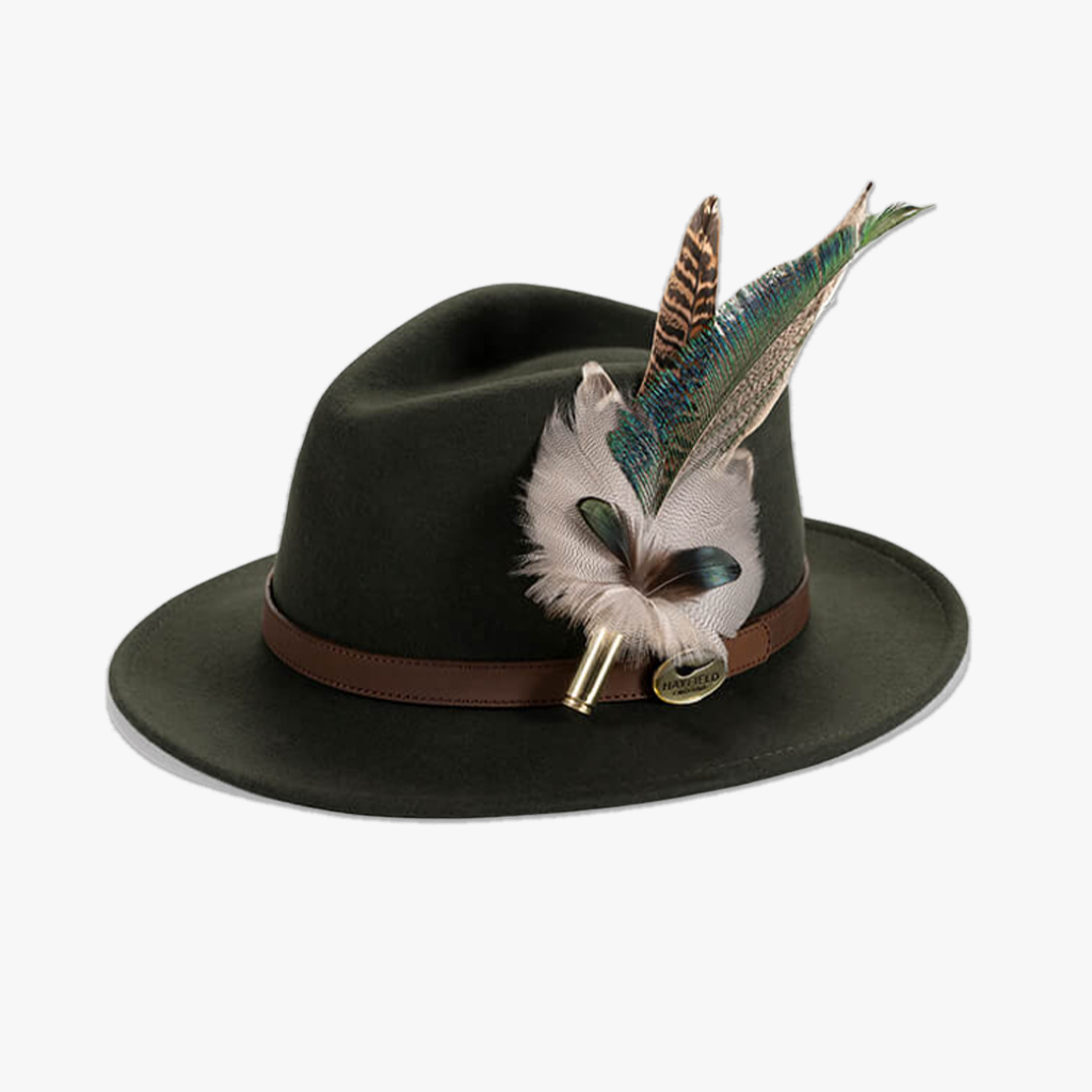 green wool fedora hat with feather pin/brooch
