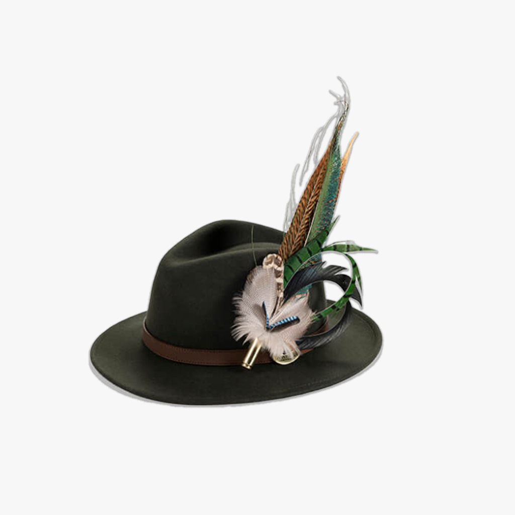 green wool fedora hat with feather pin/brooch