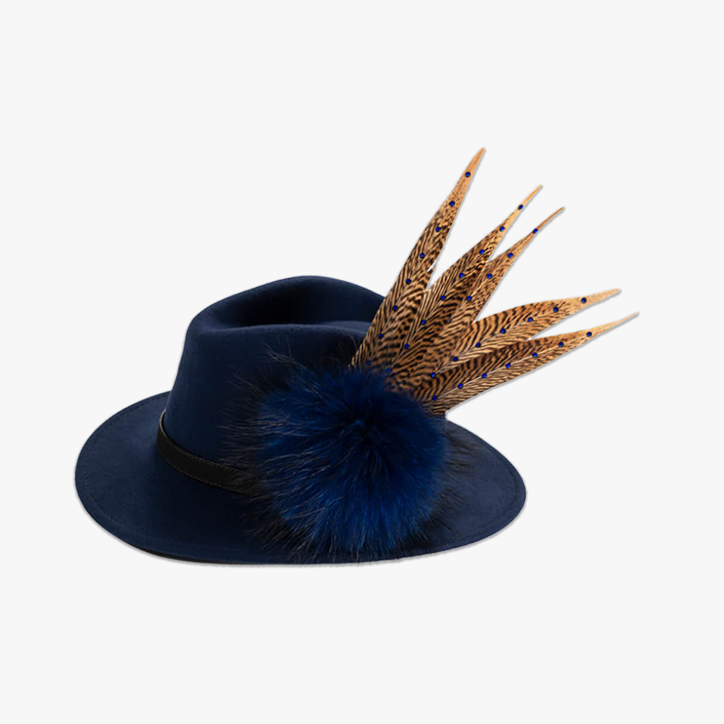 navy blue wool fedora hat with feather hat pin