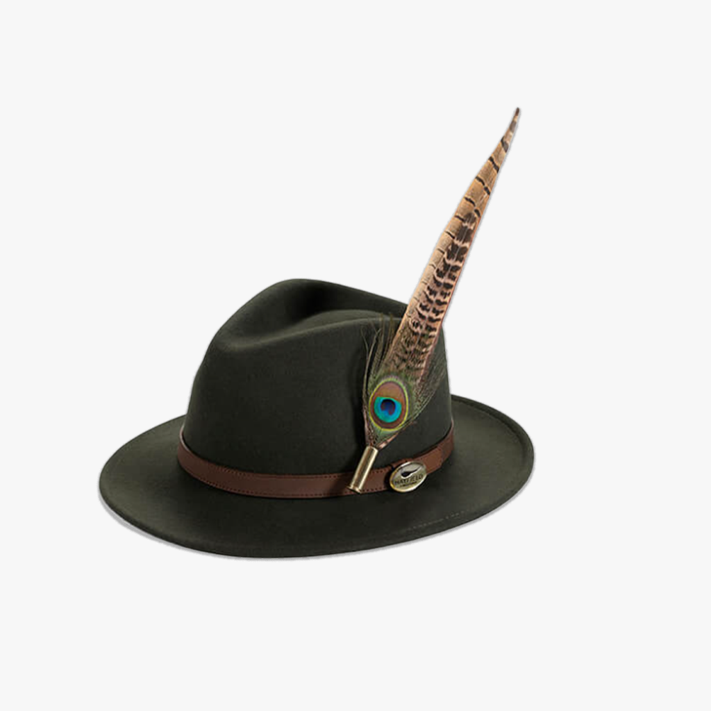 green wool fedora hat with feather pin/brooch