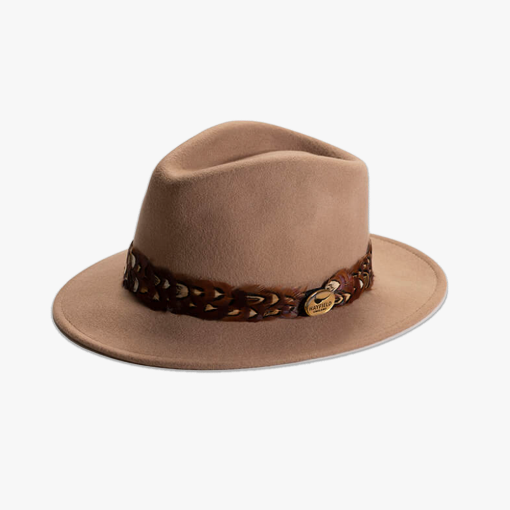 camel pheasant feather wrap wool fedora hat